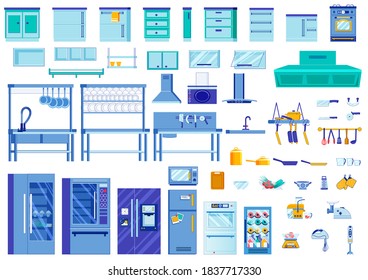 Kitchen Interior Elements, Bright Illustration. Various Furniture for Decorating Kitchen and Storing Food. Types Dishes and Techniques for Performing various Techniques in Cooking and Washing Dishes.