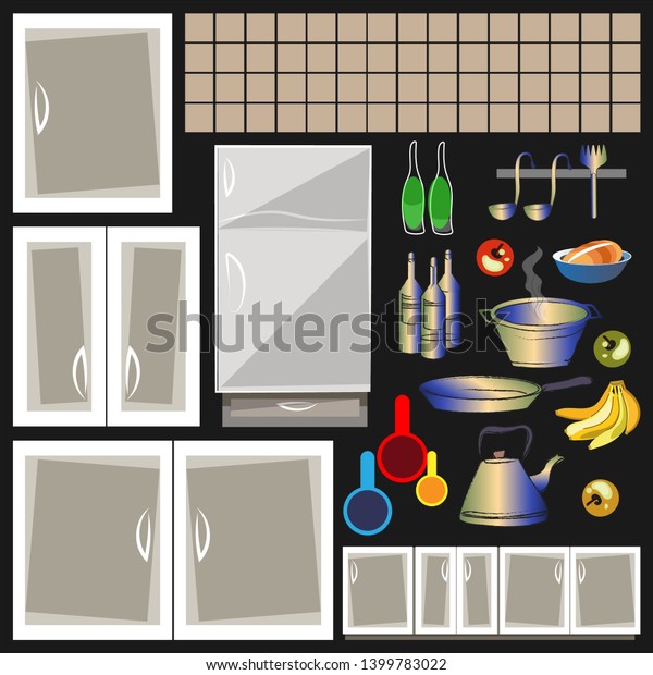 Kitchen Interior Elements Cabinets Dishes Refrigerator Stock