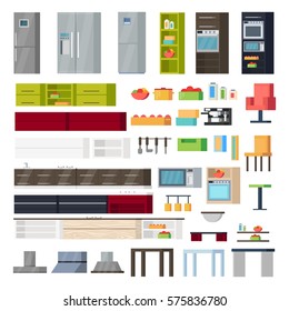 Kitchen interior elements collection with furniture accessories utensils appliances and equipment isolated vector illustration