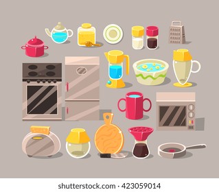 Kitchen Interior Elements Set Of Bright Color Simplified Style Vector Icons Isolated On Grey Background