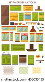 Kitchen interior elements set with household appliances utensils colored cabinets brick and checked tiles isolated vector illustration