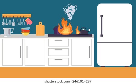 Interior de la cocina en concepto de llama de fuego. Ilustración de Diseño gráfico plano de Vector