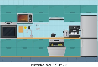 Kitchen interior flat illustration. Vector