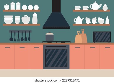 Kitchen interior flat style with range hood and cooker. Vector flat kitchen interior with cooking tools