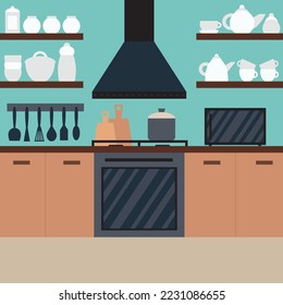 Kitchen interior flat style with range hood and cooker. Vector flat kitchen interior with cooking tools