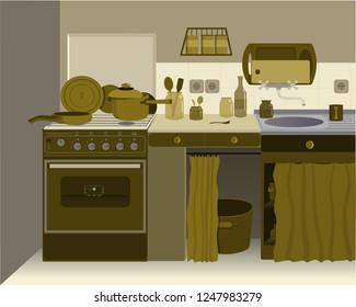 Kitchen interior in flat style with utensils, jars, pan, pots, cups etc . Monochrome cartoon vector illustration