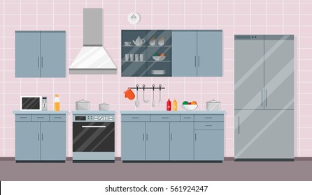 Kitchen interior flat style vector modern Illustration set