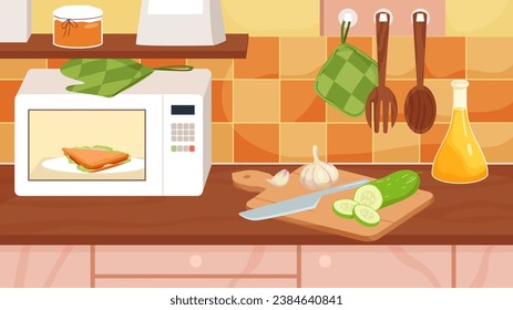 Interior de cocina con proceso de cocción de alimentos ilustración vectorial. Mesa de caricatura con microondas con sándwich para calentarse, tabla y cuchillo para cortar pepino y ajo, herramientas principales en la pared