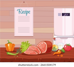 Kitchen interior with food on table for cooking cartoon concept. Vector flat cartoon graphic illustration