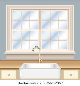 Kitchen interior fragment with window, white sink and brass tap. Realistic 3d illustration in carton style.