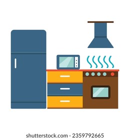 Kitchen interior with fridge, cooker, microwave flat vector icon. Cartoon drawing or illustration of furniture or element for apartment or house on white background. Interior design, furniture concept