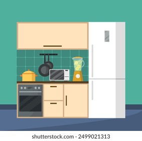 Interior de la cocina con nevera, horno y estufa. Ilustración vectorial de estilo plano.