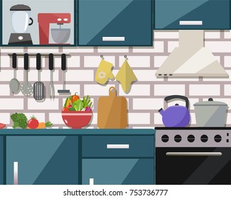 Kitchen interior with furniture, appliances, dishes. flat design