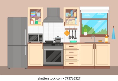 The kitchen interior. Furniture, appliances, dishes and cookware. Flat design. Vector illustration.