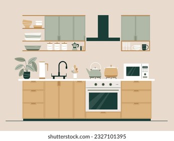 Kitchen interior with furniture and appliances in flat style. Modern interior design. Sustainable lifestyle