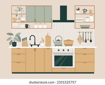 Kitchen interior with furniture and appliances in flat style. Modern interior design. Sustainable lifestyle