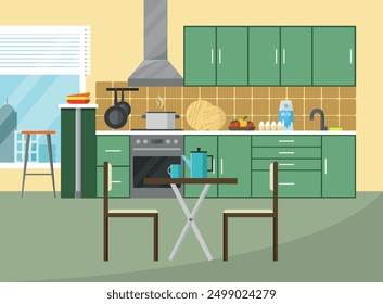 Interior de la cocina con muebles y electrodomésticos. Ilustración vectorial de estilo plano.