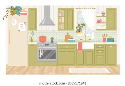 Kitchen Interior With Furniture. Furniture Banner Concept. Kitchen Interior Inspirational Design In Provence Style. Dining Area In The House Illustration In French Country Style, Kitchen Utensils.