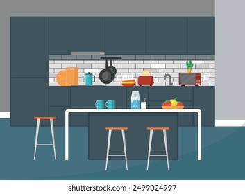 Interior de la cocina con muebles y taburetes de bar. Diseño moderno. Ilustración vectorial.