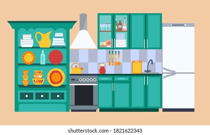 Kitchen interior with furniture, cabinets, shelves, dishes, refrigerator, kitchen utensils. Sea green kitchen