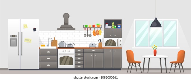 	
Kitchen interior with furniture. Cartoon vector illustration. Kitchen interior design in loft style. Dining area in the house, kitchen utensils.