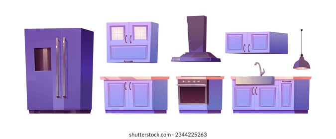 Kitchen interior furniture cartoon vector set with fridge, cupboard, simple equipment and sink isolated clipart on white background. refrigerator and stove inside flat graphic for website or game