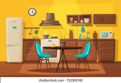 Kitchen Interior With Furniture. Cartoon Vector Illustration