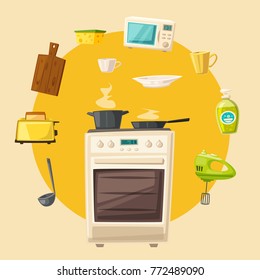 Kitchen interior with furniture. Cartoon vector illustration