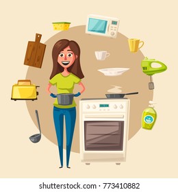 Kitchen interior with furniture. Cartoon vector illustration