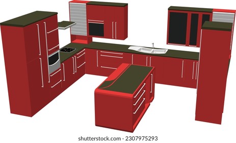 Kitchen interior with furniture, cooking equipment, dinner table and chairs. Vector illustration in the flat style