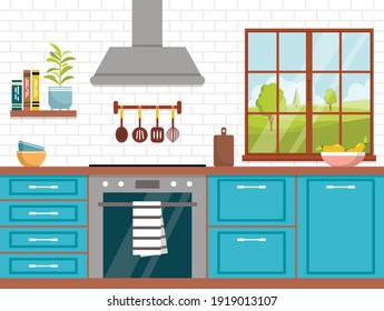 Kitchen interior with furniture. Cozy kitchen interior with stove, exhaust hood and utensils. Vector illustration in flat style on isolated background.