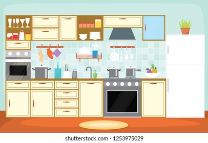 Kitchen Interior Furniture Cutlery Tableware Cooking Flat Illustration