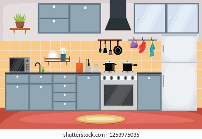 Kitchen Interior Furniture Cutlery Tableware Cooking Flat Illustration