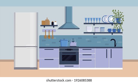 Kitchen Interior Furniture Cutlery Tableware Cooking Flat Illustration