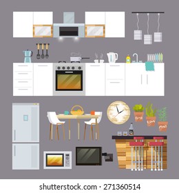 Kitchen interior and furniture decorative icons flat set isolated vector illustration