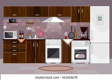 Kitchen interior with furniture. Design of modern kitchen. Refrigerator, microwave, stove 