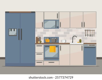 Kitchen interior with furniture and dishes, staff. Flat vector illustration