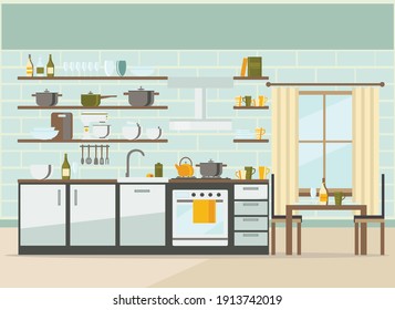 kitchen interior with furniture and equipment , flat vector illustration 