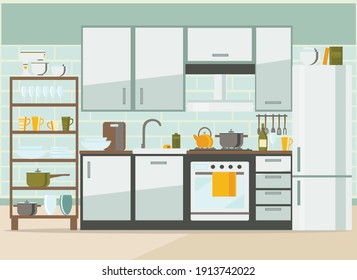 kitchen interior with furniture and equipment , flat vector illustration 