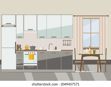 kitchen interior with furniture and equipment , flat vector illustration