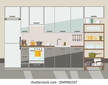 kitchen interior with furniture and equipment , flat vector illustration