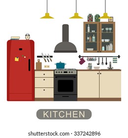 Kitchen interior with furniture and equipment. Vector banner of kitchen in flat style.