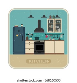 Kitchen interior with furniture and equipment. Vector retro illustration of kitchen in flat style.