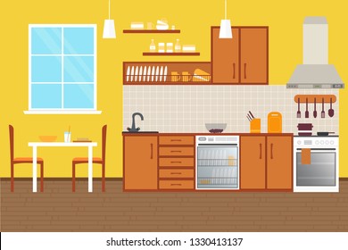 Kitchen Interior , with furniture. Flat style vector illustration.