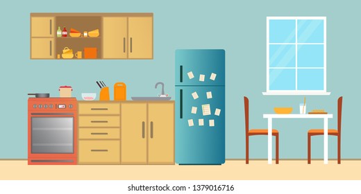 Kitchen Interior , with furniture. Flat style vector illustration.