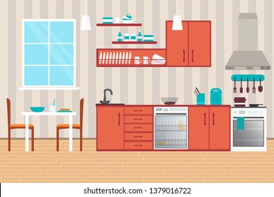 Kitchen Interior , with furniture. Flat style vector illustration. - Shutterstock ID 1379016722