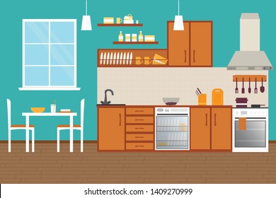 Kitchen Interior , with furniture. Flat style vector illustration.