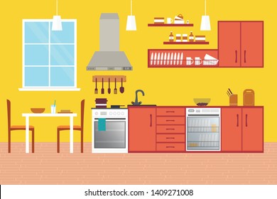 Kitchen Interior , with furniture. Flat style vector illustration.