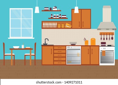 Kitchen Interior , with furniture. Flat style vector illustration.
