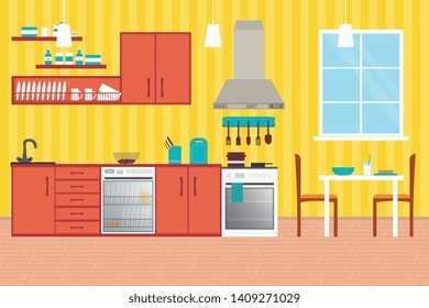 Kitchen Interior , with furniture. Flat style vector illustration.